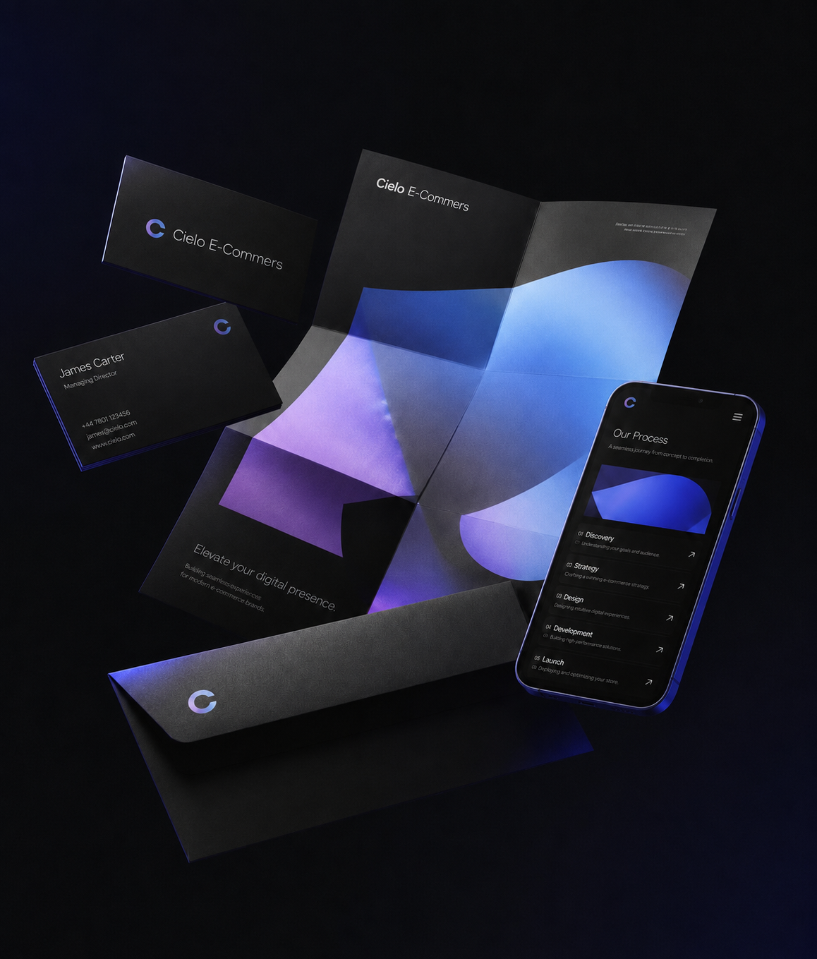 Brand identity collateral: matte business cards, a gradient poster and a mobile app screen